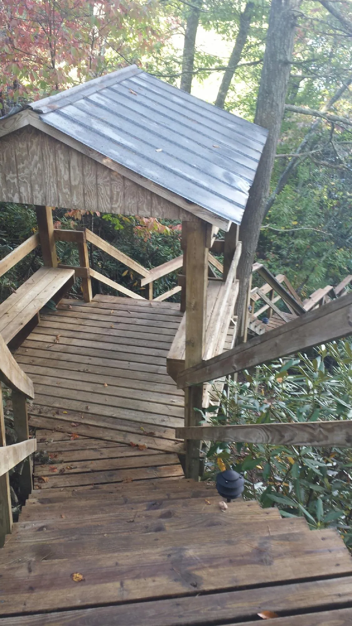Metal roofed shelter over wooden steps on a wooded walkway — Skylight Repair & Installation work by our crew in Annawan